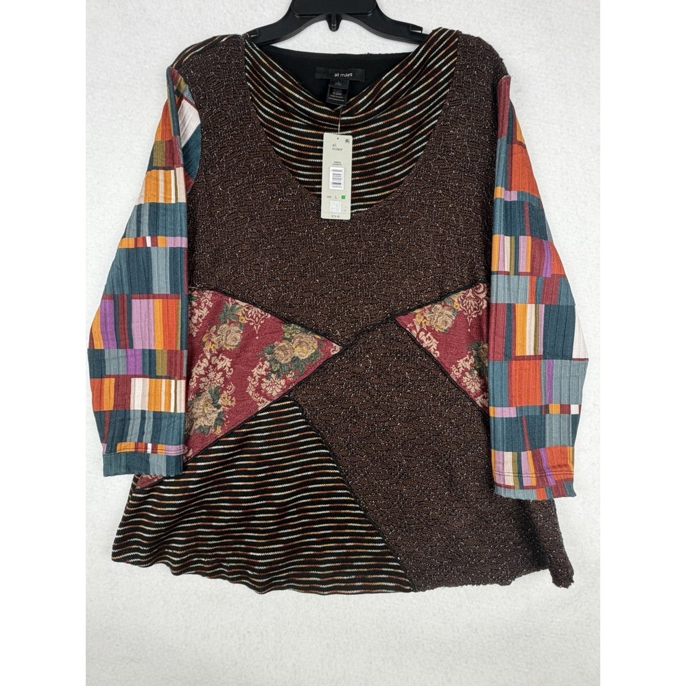 Ali Miles NWT Woman's L Patchwork Print Top Tunic Blouse Artsy
